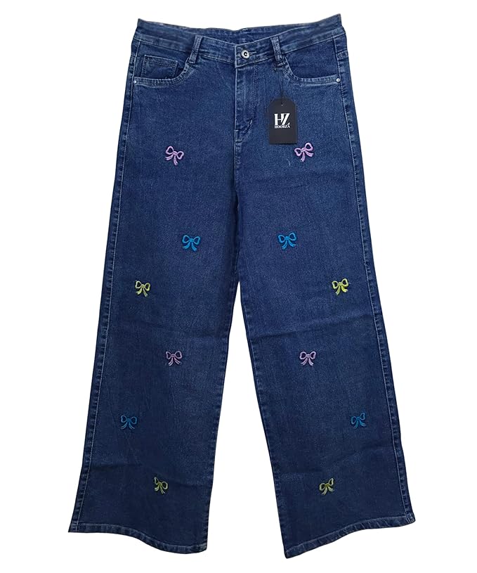 HOORZA Women’s Wide Leg Jeans – Blue Denim with Colorful Bow Embroidery