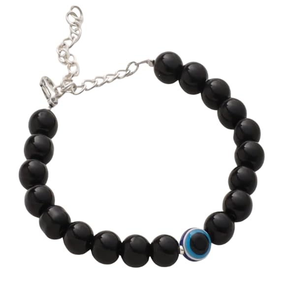 Evil Eye Protection Bracelet – 8mm Black Onyx Beaded Bracelet with Blue Evil Eye Charm, Adjustable Chain, Good Luck & Energy Healing Jewelry for Men and Women