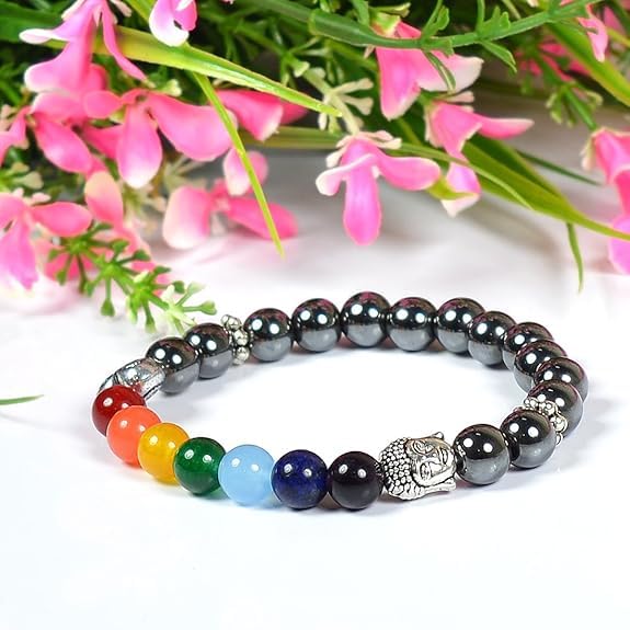 Natural Hematite 7 Chakra Bracelet - Buddha Head Reiki Healing Crystal Stone Balancing Meditation Yoga Jewelry for Men & Women