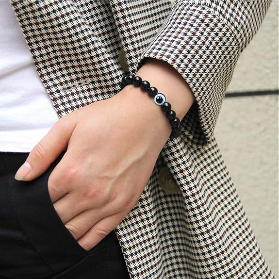 Evil Eye Protection Bracelet - 8mm Black Stone Crystal Stretch Good Luck Talisman Jewelry - Energy Healing Gemstone for Men and Women - Evil Eye Bracelet For Man