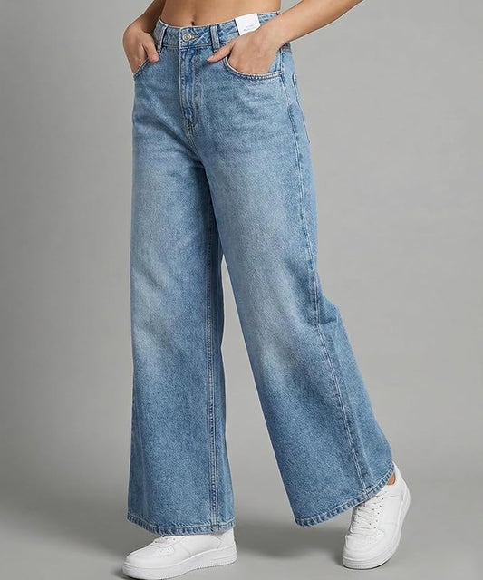 HOORZA Women’s High-Waist Palazzo Denim Jeans – Vintage Blue Wide Leg Pants