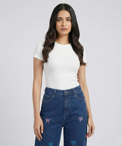 HOORZA Women’s Wide Leg Jeans – Blue Denim with Colorful Bow Embroidery