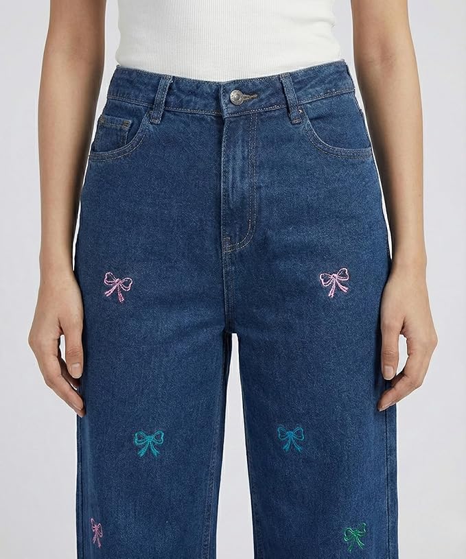 HOORZA Women’s Wide Leg Jeans – Blue Denim with Colorful Bow Embroidery