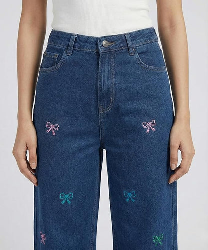 HOORZA Women’s Wide Leg Jeans – Blue Denim with Colorful Bow Embroidery