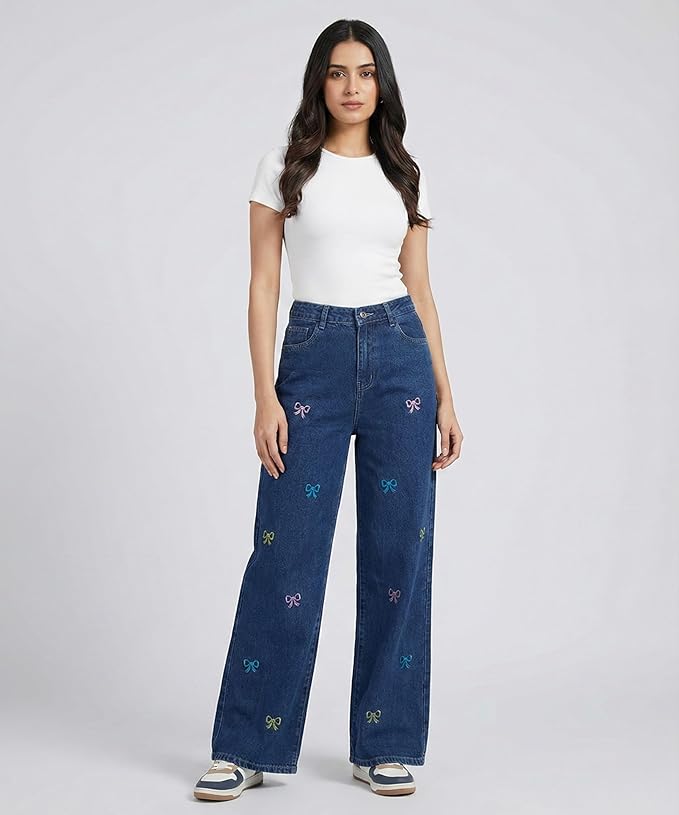 HOORZA Women’s Wide Leg Jeans – Blue Denim with Colorful Bow Embroidery