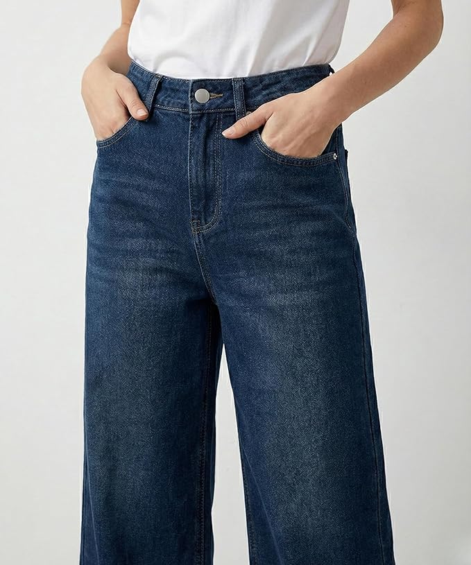 HOORZA Women’s High-Rise Wide Leg Palazzo Jeans – Vintage Blue Denim