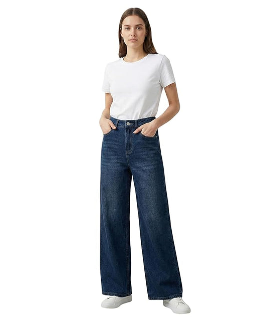 HOORZA Women’s High-Rise Wide Leg Palazzo Jeans – Vintage Blue Denim