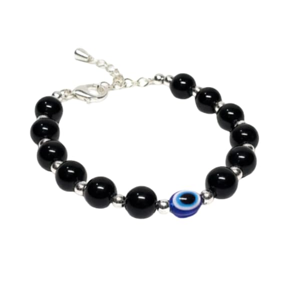 Evil Eye Protection Bracelet – 8mm Black Onyx Beaded Bracelet with Blue Evil Eye Charm, Adjustable Chain, Good Luck & Energy Healing Jewelry for Men and Women