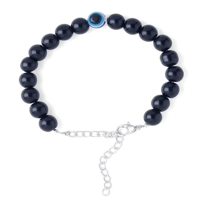 Evil Eye Protection Bracelet – 8mm Black Onyx Beaded Bracelet with Blue Evil Eye Charm, Adjustable Chain, Good Luck & Energy Healing Jewelry for Men and Women