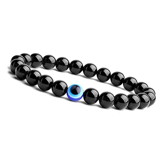 Evil Eye Protection Bracelet - 8mm Black Stone Crystal Stretch Good Luck Talisman Jewelry - Energy Healing Gemstone for Men and Women - Evil Eye Bracelet For Man