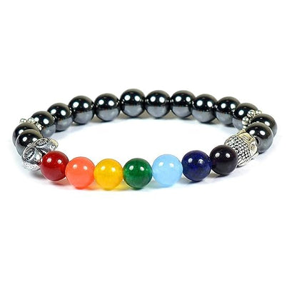 Natural Hematite 7 Chakra Bracelet - Buddha Head Reiki Healing Crystal Stone Balancing Meditation Yoga Jewelry for Men & Women