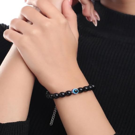Evil Eye Protection Bracelet – 8mm Black Onyx Beaded Bracelet with Blue Evil Eye Charm, Adjustable Chain, Good Luck & Energy Healing Jewelry for Men and Women