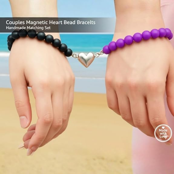 Magnetic Heart Couple Bracelets - Purple & Black Stone Beaded Matching Set - Distance Relationship Promise Jewelry for Him and Her - Stretch Fit