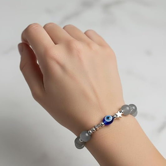 Natural Labradorite Gemstone Evil Eye Protection Bracelet - Handmade Healing Chakra Yoga Amulet for Men & Women (Unisex Stretch)