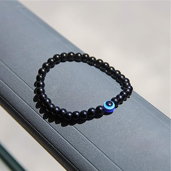 Evil Eye Protection Bracelet - 8mm Black Stone Crystal Stretch Good Luck Talisman Jewelry - Energy Healing Gemstone for Men and Women - Evil Eye Bracelet For Man