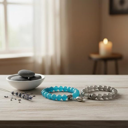 Magnetic Couple Bracelets with Heart Clasp - Handmade Blue & Grey Stone Beaded Partner Promise Distance Matching