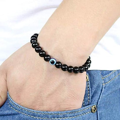 Evil Eye Protection Bracelet - 8mm Black Stone Crystal Stretch Good Luck Talisman Jewelry - Energy Healing Gemstone for Men and Women - Evil Eye Bracelet For Man