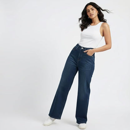 HOORZA Women’s High-Waist Wide Leg Jeans – Vintage Blue Stretch Denim Pants