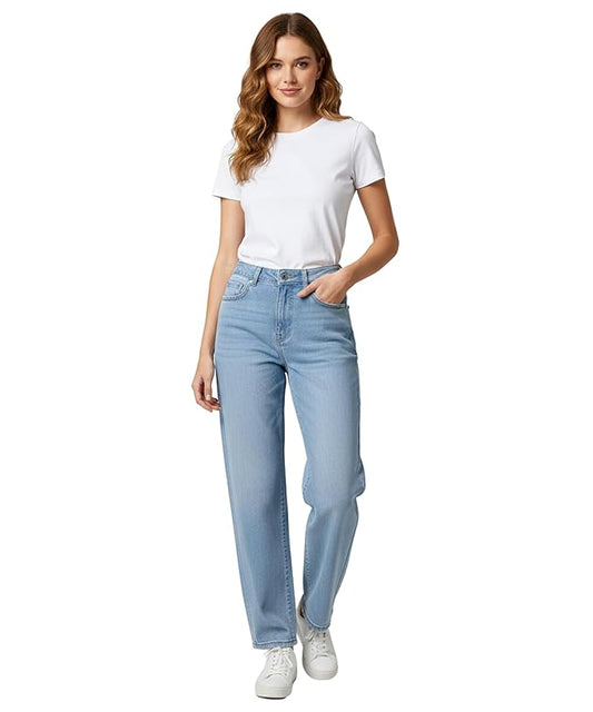 Hoorza Women's Straight Leg Jeans, Light Blue Wash, High Rise Denim, Classic Fit