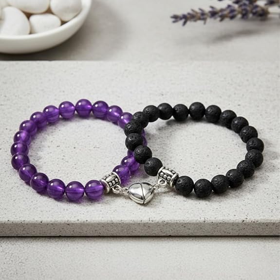 Magnetic Heart Couple Bracelets - Purple & Black Stone Beaded Matching Set - Distance Relationship Promise Jewelry for Him and Her - Stretch Fit