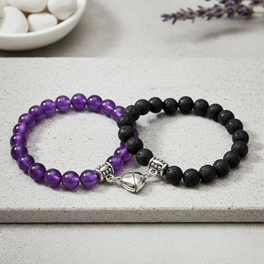 Magnetic Heart Couple Bracelets - Purple & Black Stone Beaded Matching Set - Distance Relationship Promise Jewelry for Him and Her - Stretch Fit