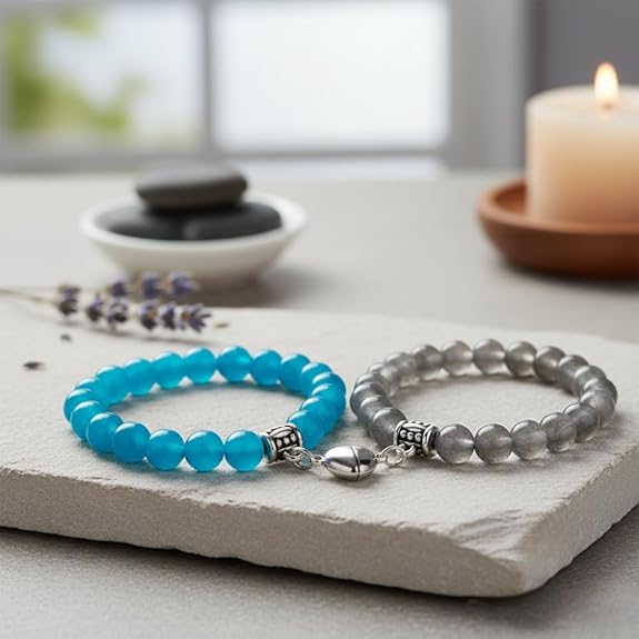 Magnetic Couple Bracelets with Heart Clasp - Handmade Blue & Grey Stone Beaded Partner Promise Distance Matching