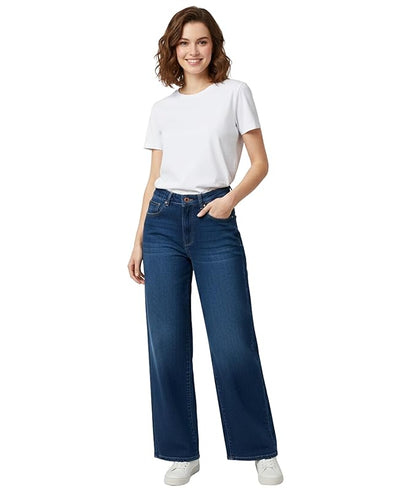 Hoorza Women's High Rise Wide Leg Jeans, Medium Blue Wash, Straight Fit Denim Pants