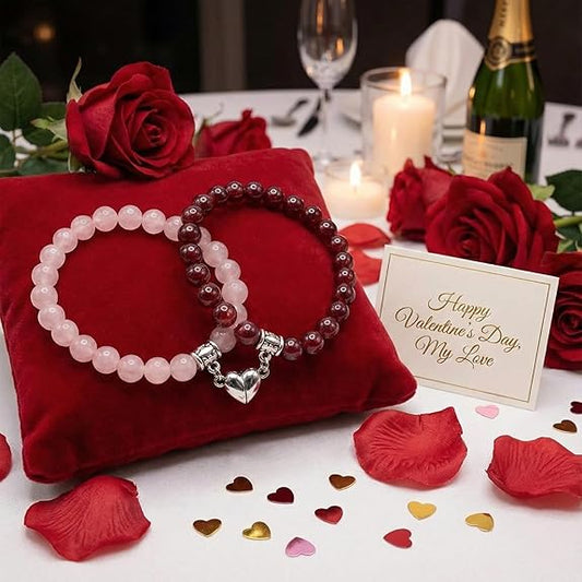 Magnetic Heart Couple Bracelets - Rose Quartz & Ruby Red Stone Beaded Matching Set - Love Healing Distance Promise Jewelry Gift for Him and Her
