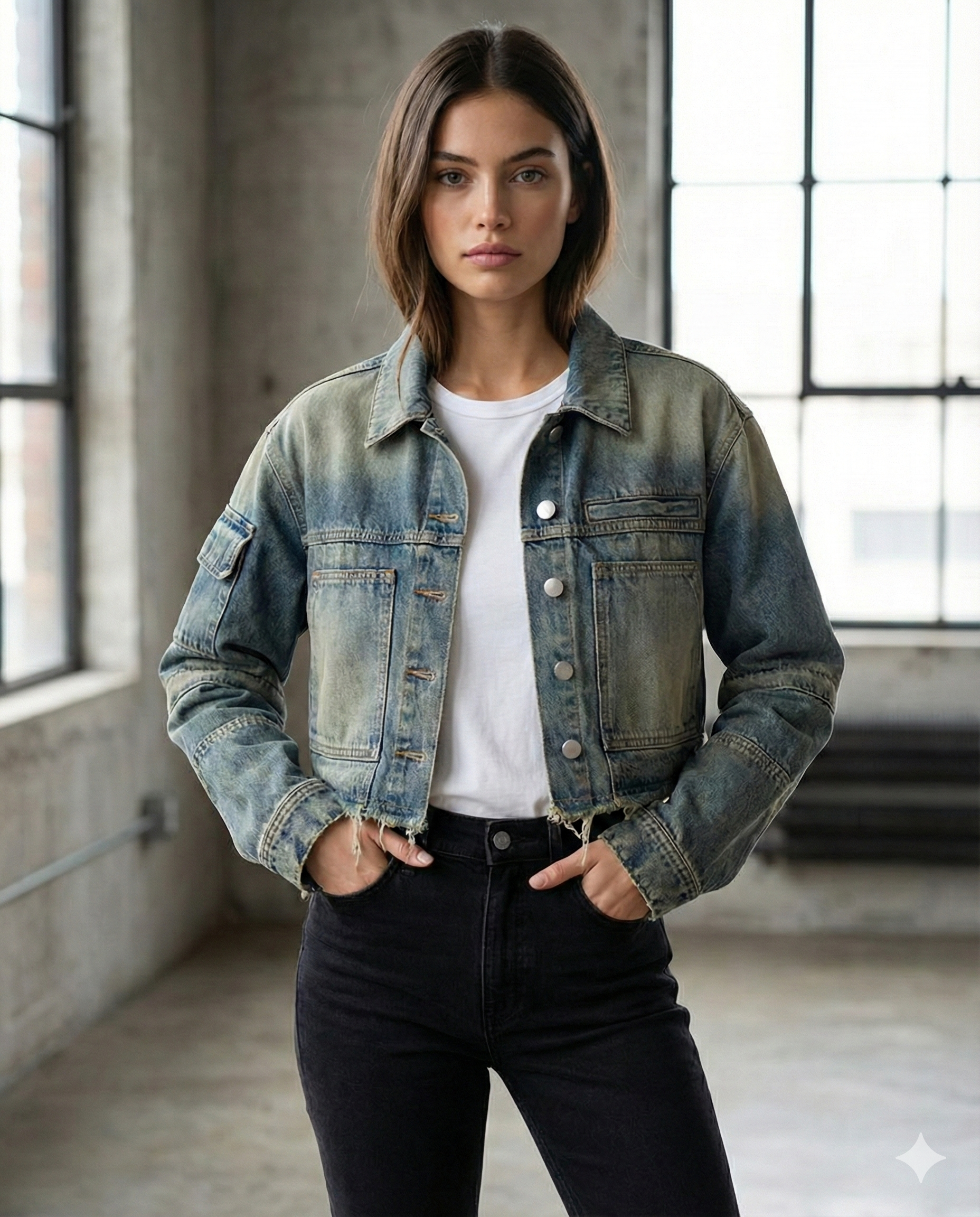 FADED DENIM COMBINATION OF BLUE AND GREY ROUGH DESIGN JACKET FOR WOMEN