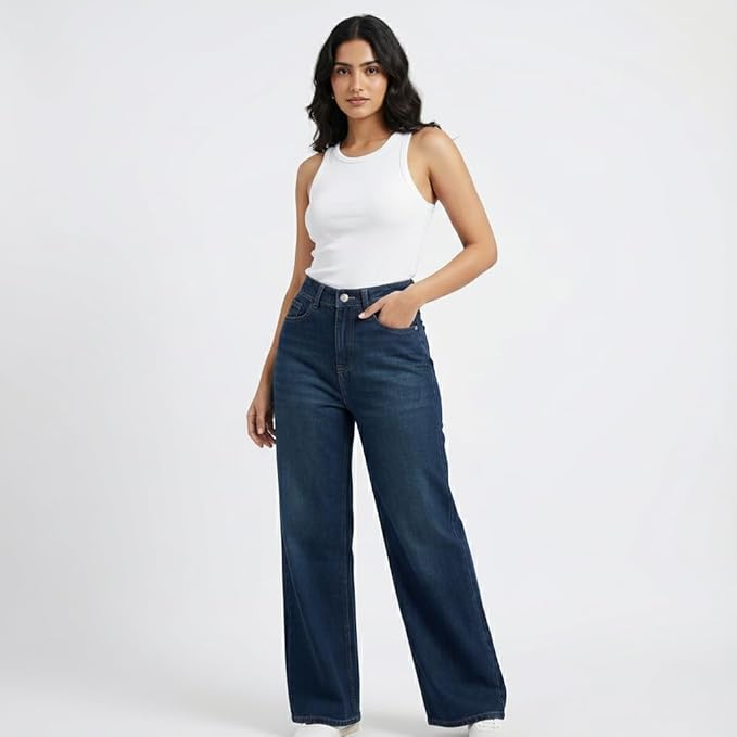 HOORZA Women’s High-Waist Wide Leg Jeans – Vintage Blue Stretch Denim Pants