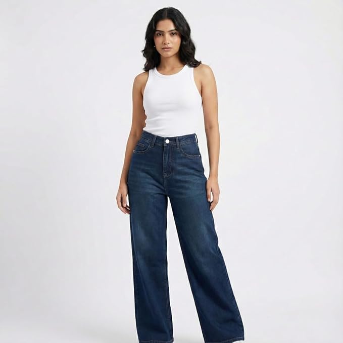 HOORZA Women’s High-Waist Wide Leg Jeans – Vintage Blue Stretch Denim Pants