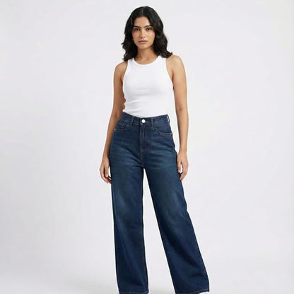 HOORZA Women’s High-Waist Wide Leg Jeans – Vintage Blue Stretch Denim Pants