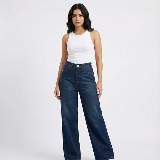 HOORZA Women’s High-Waist Wide Leg Jeans – Vintage Blue Stretch Denim Pants