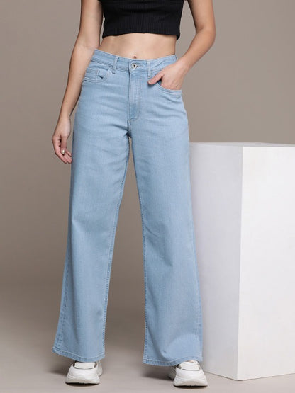 Hoorza Women's High Waisted Bootcut Jeans, Light Blue Denim Wide Leg Pants