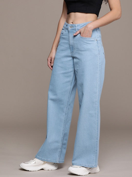 Hoorza Women's High Waisted Bootcut Jeans, Light Blue Denim Wide Leg Pants