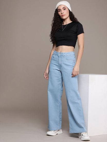 Hoorza Women's High Waisted Bootcut Jeans, Light Blue Denim Wide Leg Pants
